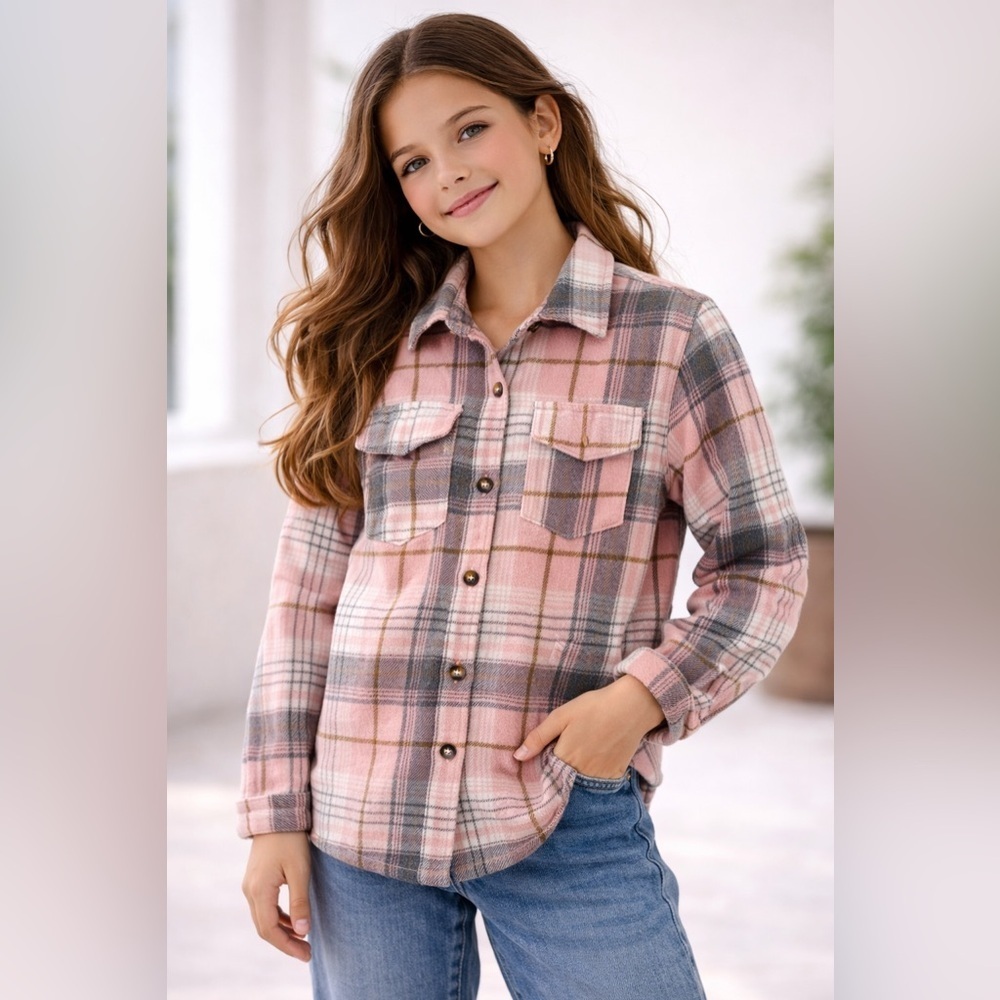 SHEIN Girls Pink Plaid Flannel Shirt Jacket Size 10Y Button Front